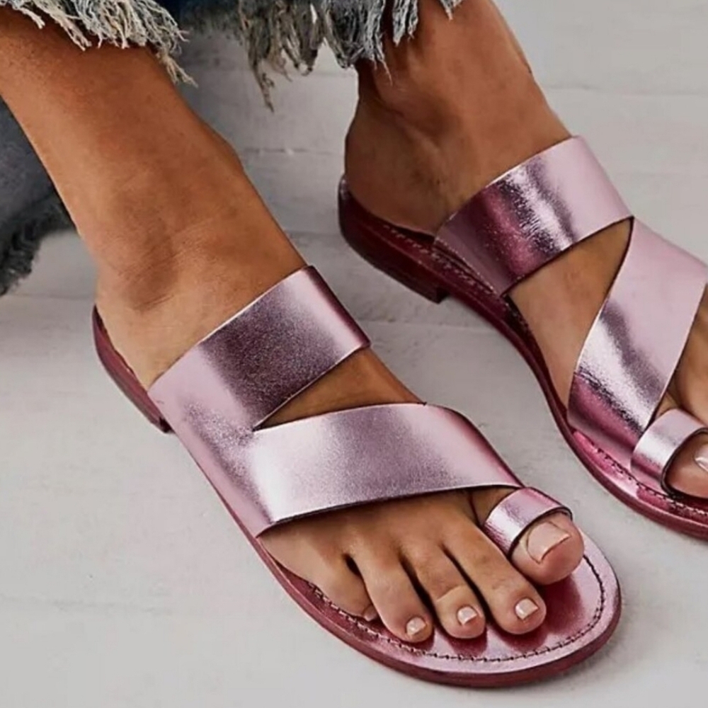 Free People Abilene Metallic Pink Toe Loop Boho Leather Sandals Size 41